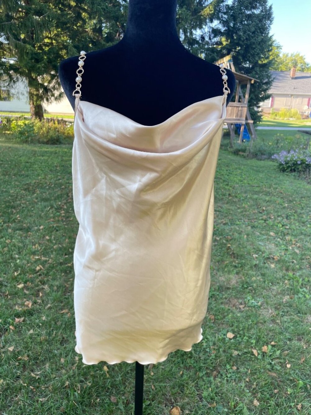 Vintage Y2K 90s Nicole Miller Top Champagne Satin Tank Gold Pearl Strap XL Glam